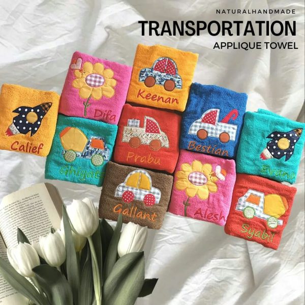 souvenir handuk ultah anak bordir nama gambar transportasi mobil | natural handmade