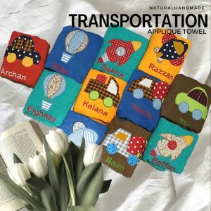 souvenir handuk ultah anak bordir nama gambar transportasi mobil | natural handmade