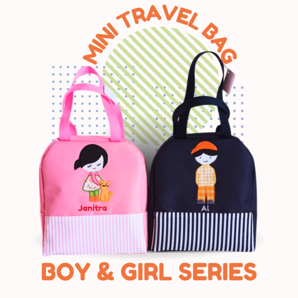 Mini travel bag souvenir ultah dan kenaikan kelas - anak laki-laki dan perempuan dengan kucing