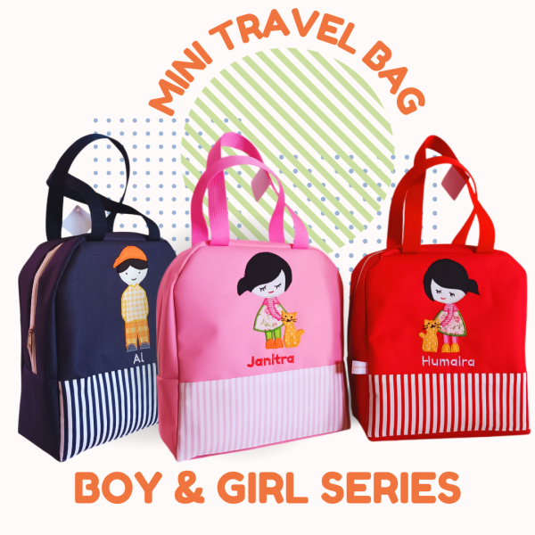 Mini travel bag souvenir ultah dan kenaikan kelas - anak laki-laki dan perempuan dengan kucing